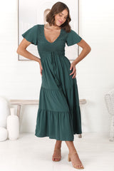 Amaya Midi Dress - Shirred Cap Sleeve A Line Dress in Emerald