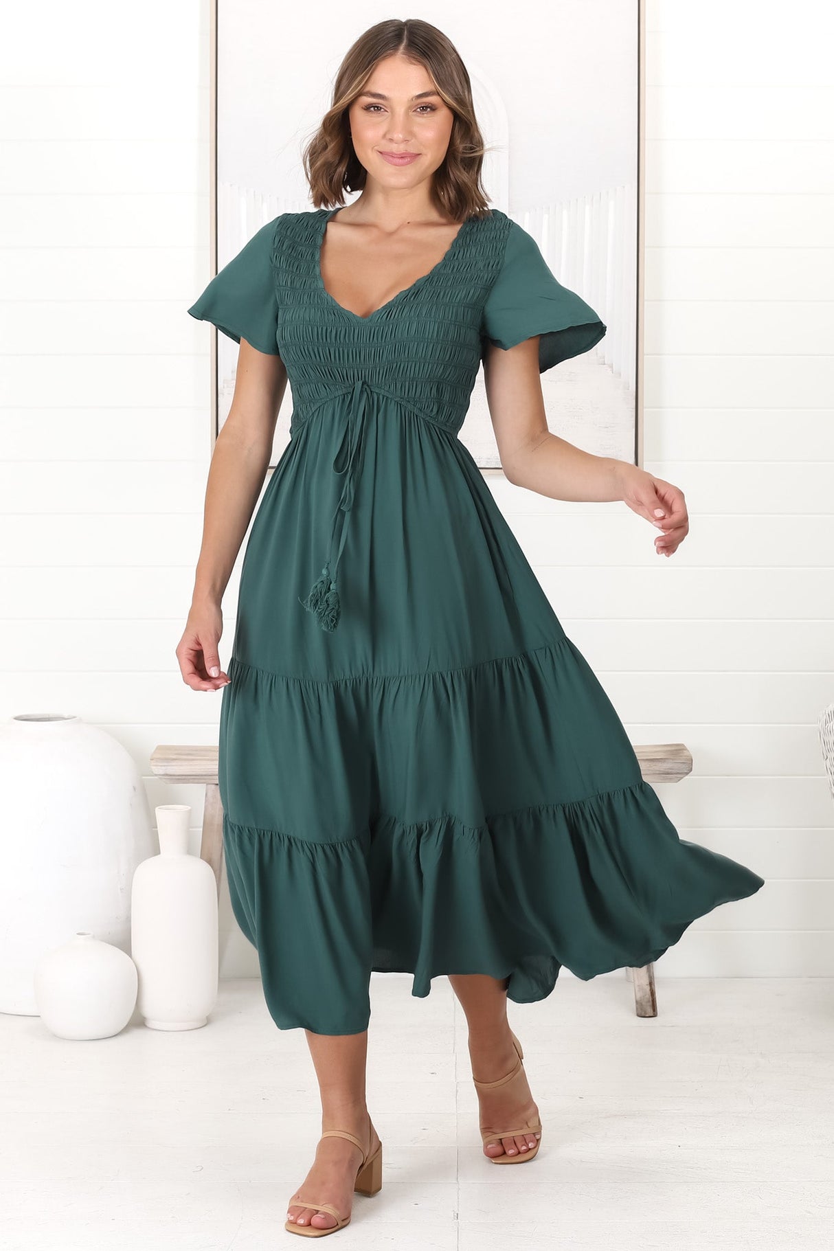 Amaya Midi Dress - Shirred Cap Sleeve A Line Dress in Emerald