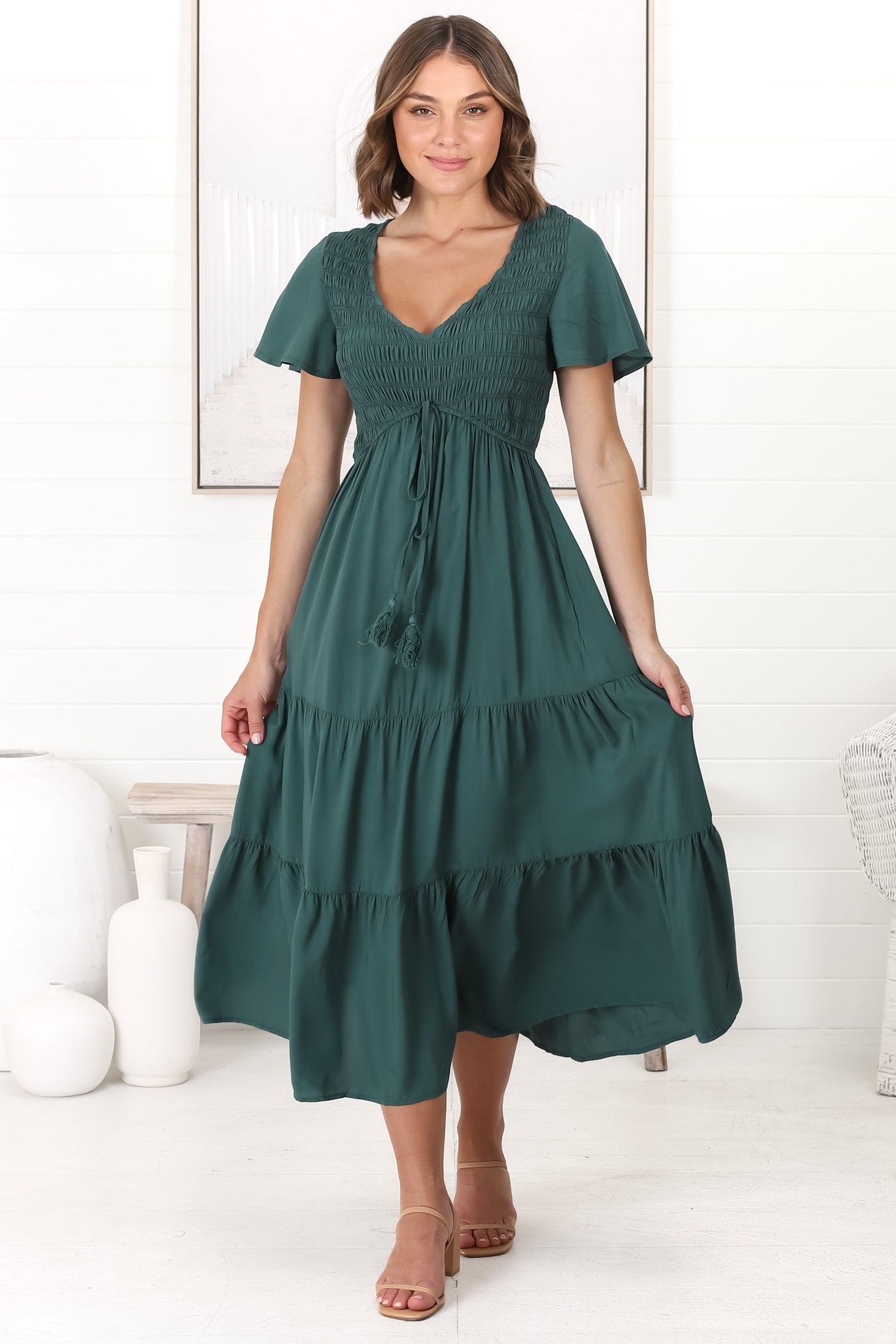 Amaya Midi Dress Shirred Cap Sleeve Line Dress Emerald