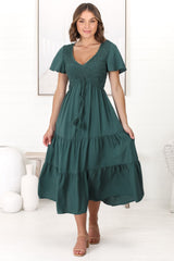 Amaya Midi Dress - Shirred Cap Sleeve A Line Dress in Emerald