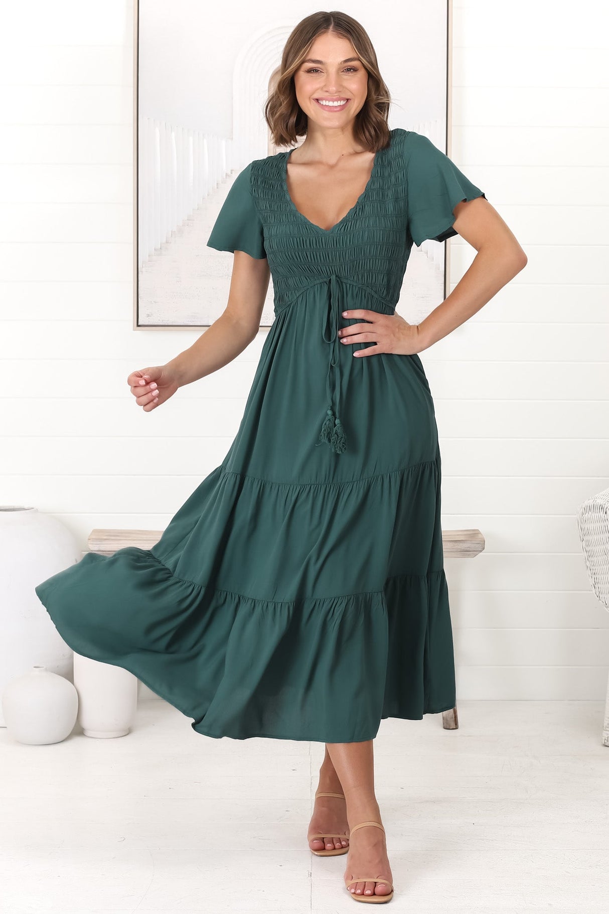 Amaya Midi Dress - Shirred Cap Sleeve A Line Dress in Emerald