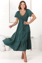 Amaya Midi Dress - Shirred Cap Sleeve A Line Dress in Emerald