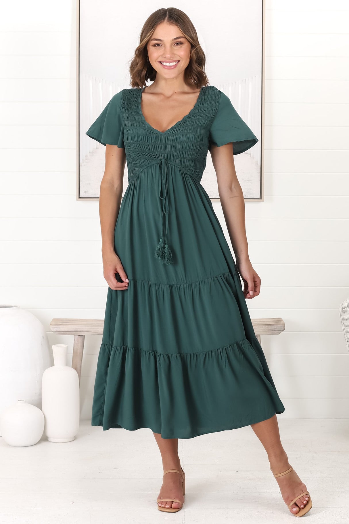 Amaya Midi Dress - Shirred Cap Sleeve A Line Dress in Emerald