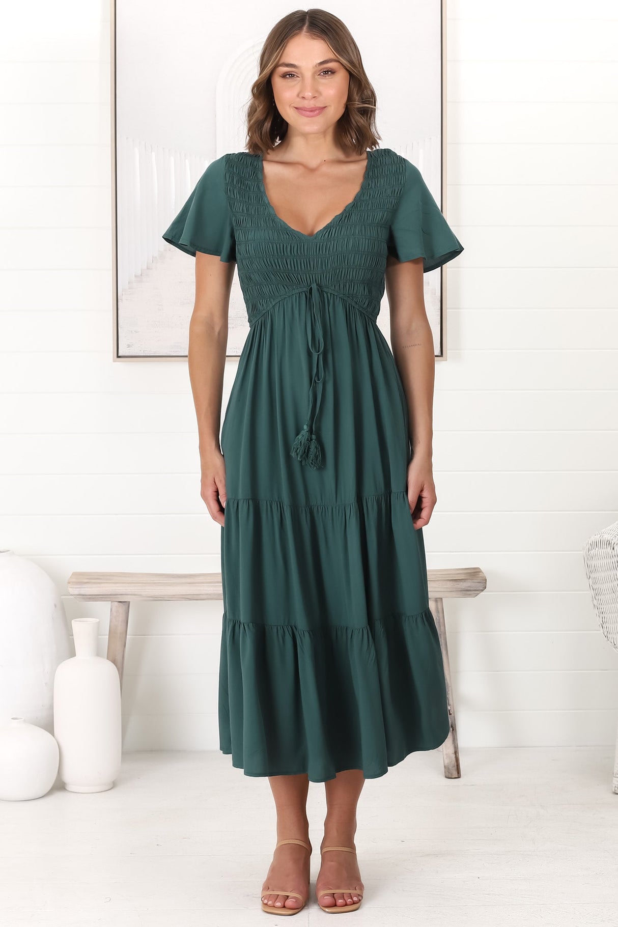 Amaya Midi Dress - Shirred Cap Sleeve A Line Dress in Emerald