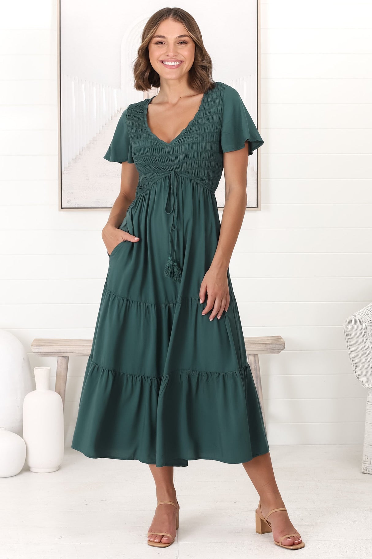 Amaya Midi Dress - Shirred Cap Sleeve A Line Dress in Emerald