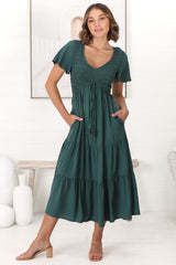 Amaya Midi Dress - Shirred Cap Sleeve A Line Dress in Emerald