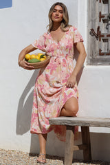 Amaya Midi Dress - Shirred Cap Sleeve A Line Dress in Lola Print
