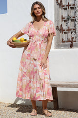 Amaya Midi Dress - Shirred Cap Sleeve A Line Dress in Lola Print