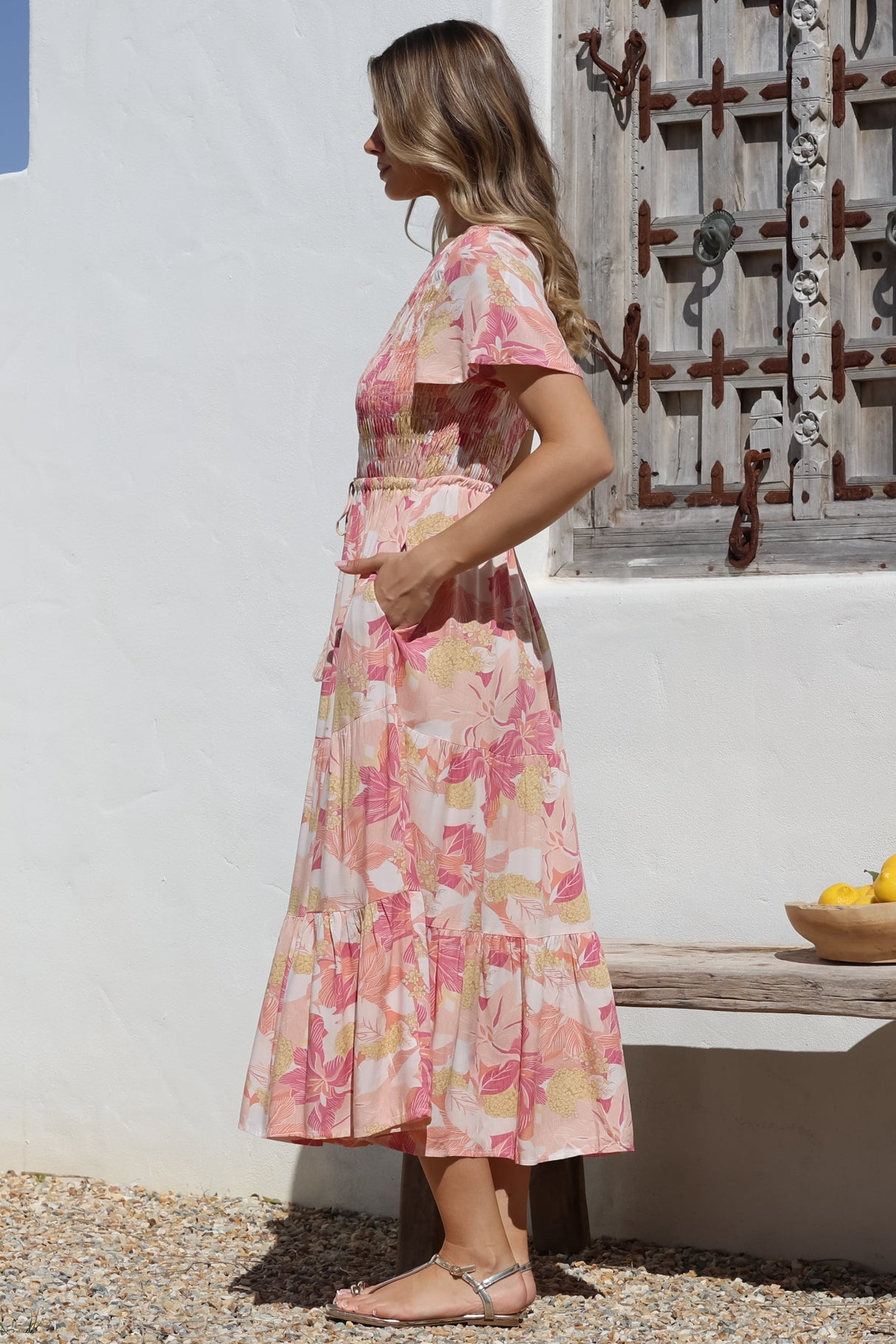 Amaya Midi Dress - Shirred Cap Sleeve A Line Dress in Lola Print