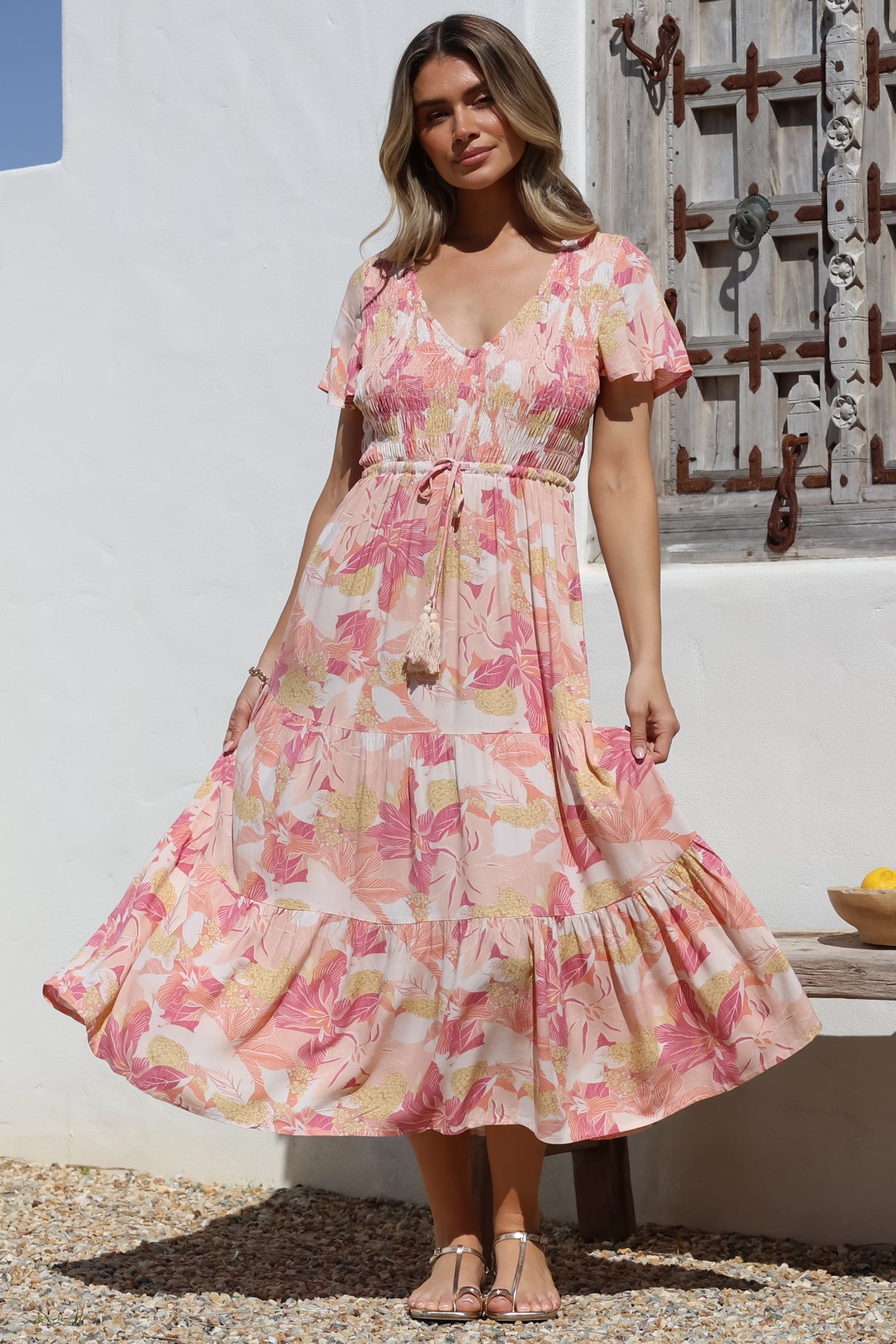 Amaya Midi Dress - Shirred Cap Sleeve A Line Dress in Lola Print