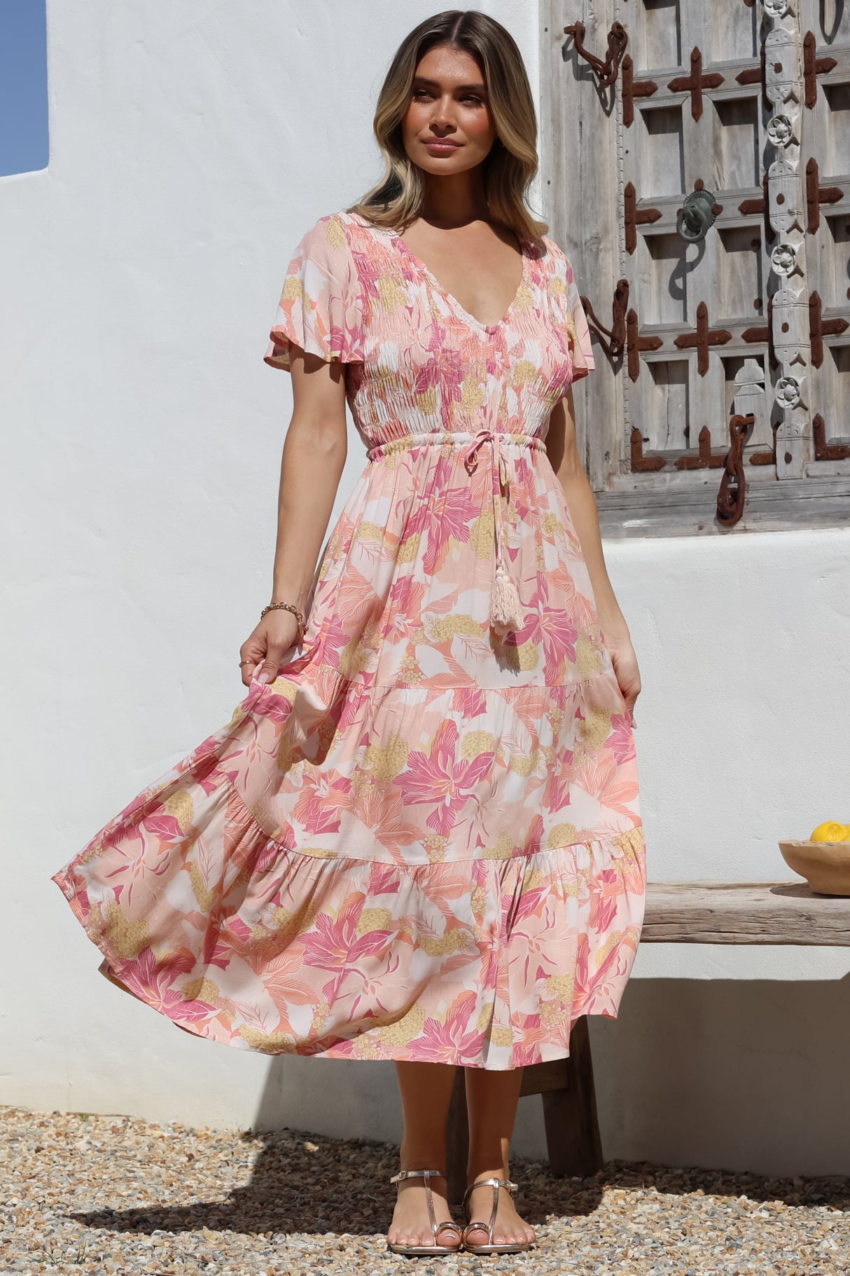 Amaya Midi Dress - Shirred Cap Sleeve A Line Dress in Lola Print