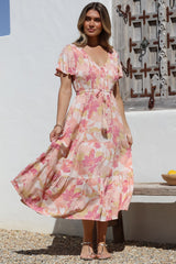 Amaya Midi Dress - Shirred Cap Sleeve A Line Dress in Lola Print