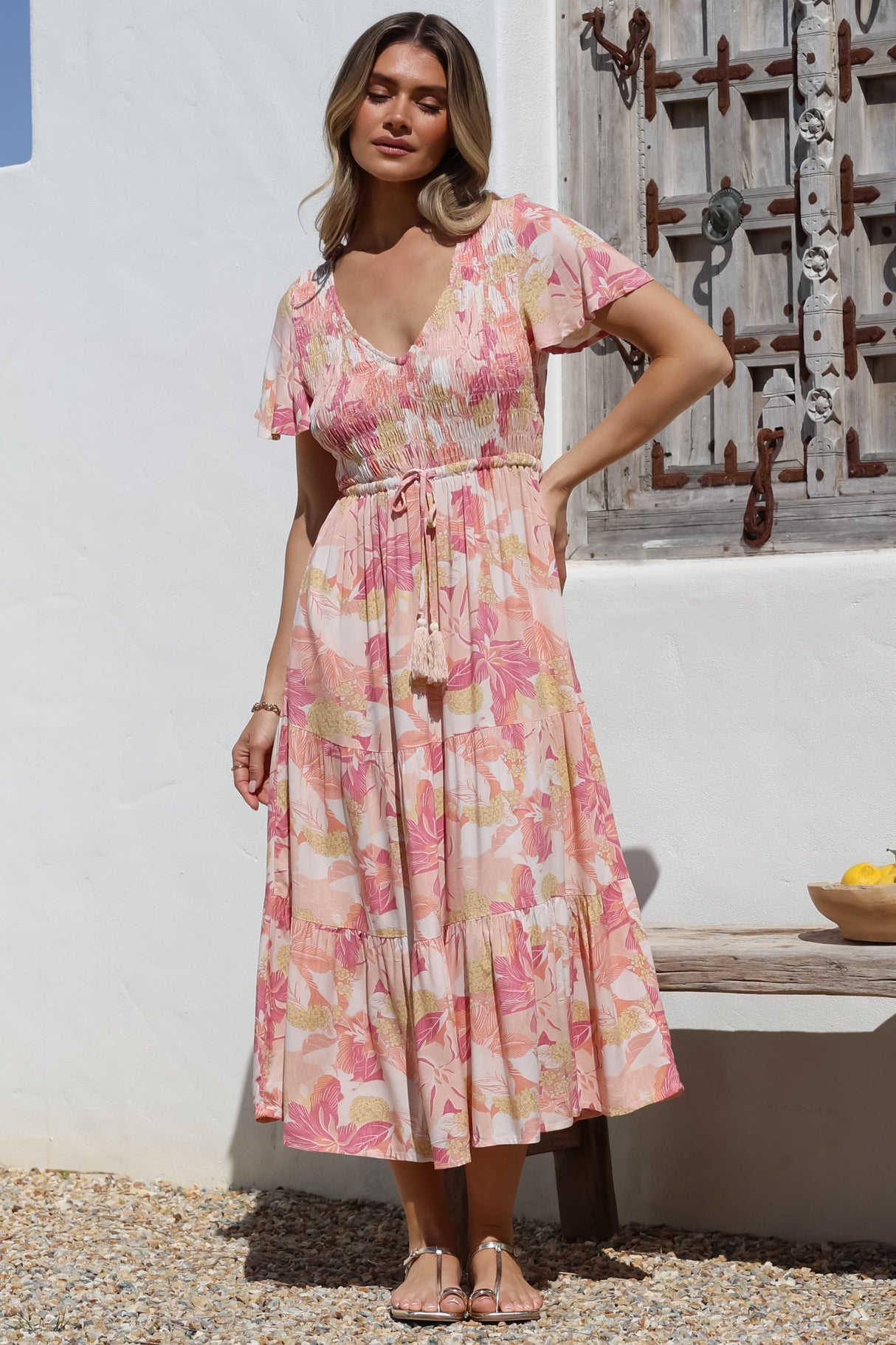 Amaya Midi Dress - Shirred Cap Sleeve A Line Dress in Lola Print