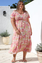 Amaya Midi Dress - Shirred Cap Sleeve A Line Dress in Lola Print