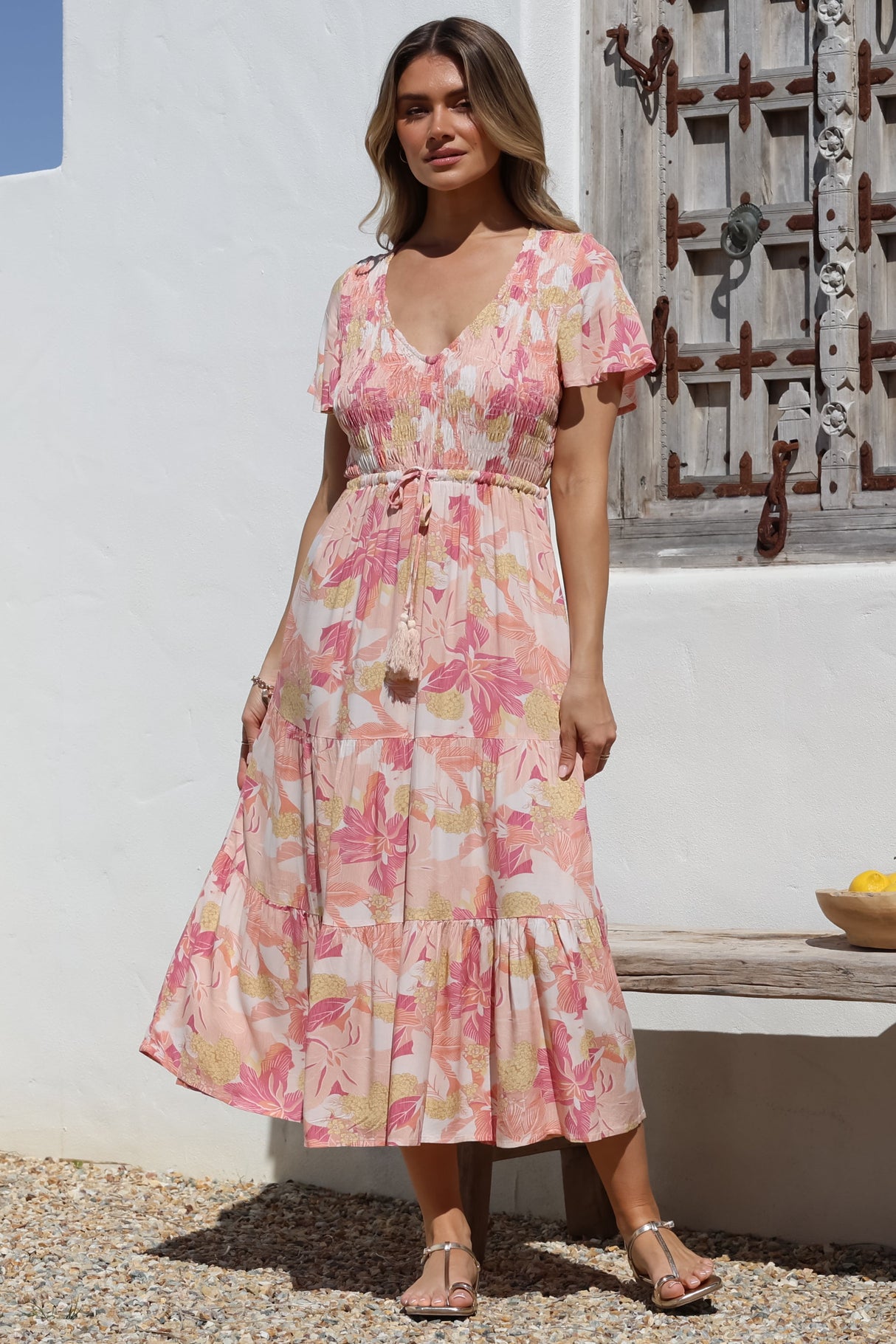 Amaya Midi Dress - Shirred Cap Sleeve A Line Dress in Lola Print