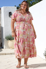 Amaya Midi Dress - Shirred Cap Sleeve A Line Dress in Lola Print