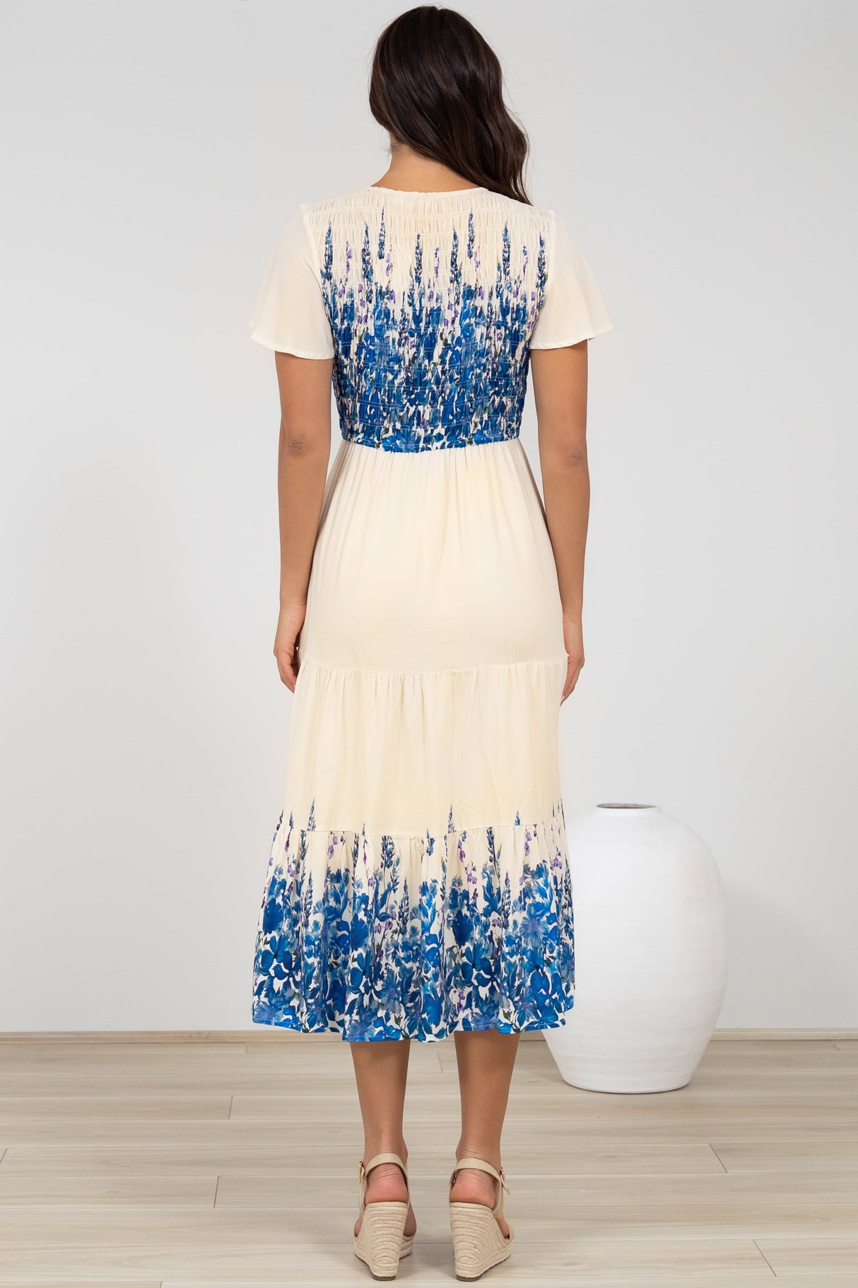 Amaya Midi Dress - Shirred Cap Sleeve A Line Dress in Marella Print Blue