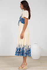 Amaya Midi Dress - Shirred Cap Sleeve A Line Dress in Marella Print Blue