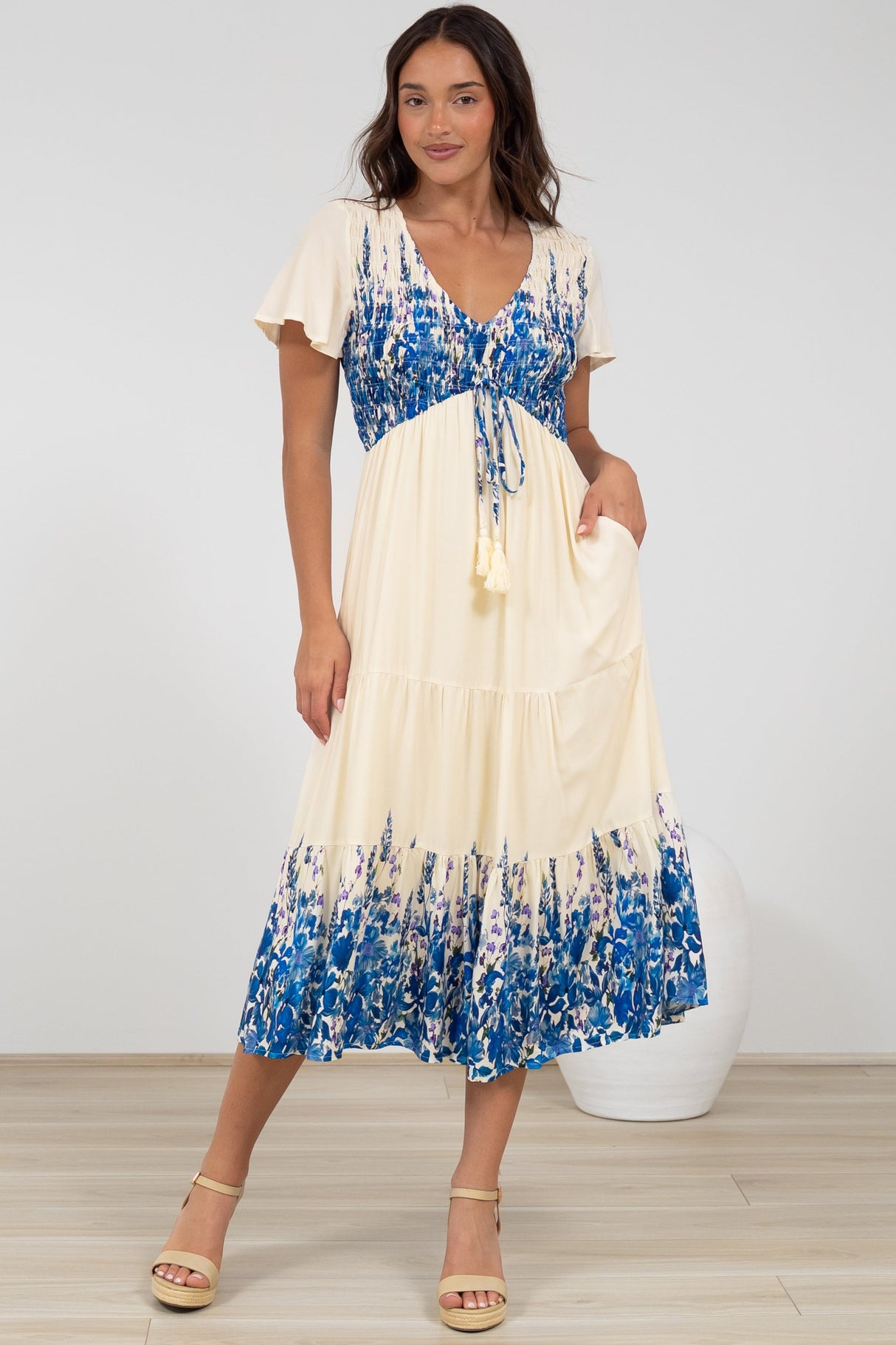 Amaya Midi Dress - Shirred Cap Sleeve A Line Dress in Marella Print Blue