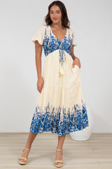 Amaya Midi Dress - Shirred Cap Sleeve A Line Dress in Marella Print Blue