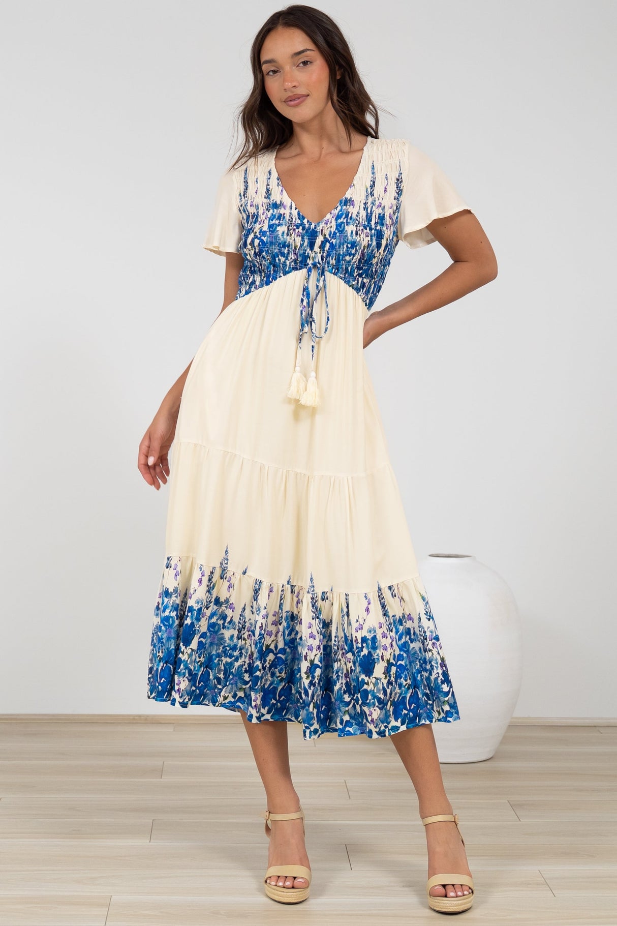 Amaya Midi Dress - Shirred Cap Sleeve A Line Dress in Marella Print Blue