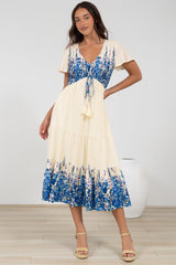 Amaya Midi Dress - Shirred Cap Sleeve A Line Dress in Marella Print Blue