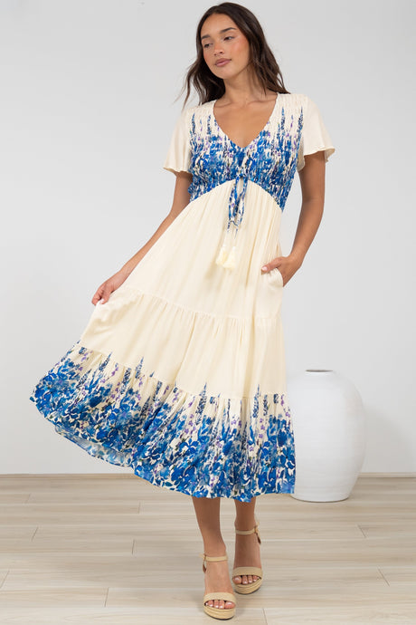 Amaya Midi Dress - Shirred Cap Sleeve A Line Dress in Marella Print Blue