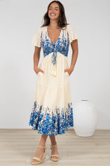Amaya Midi Dress - Shirred Cap Sleeve A Line Dress in Marella Print Blue