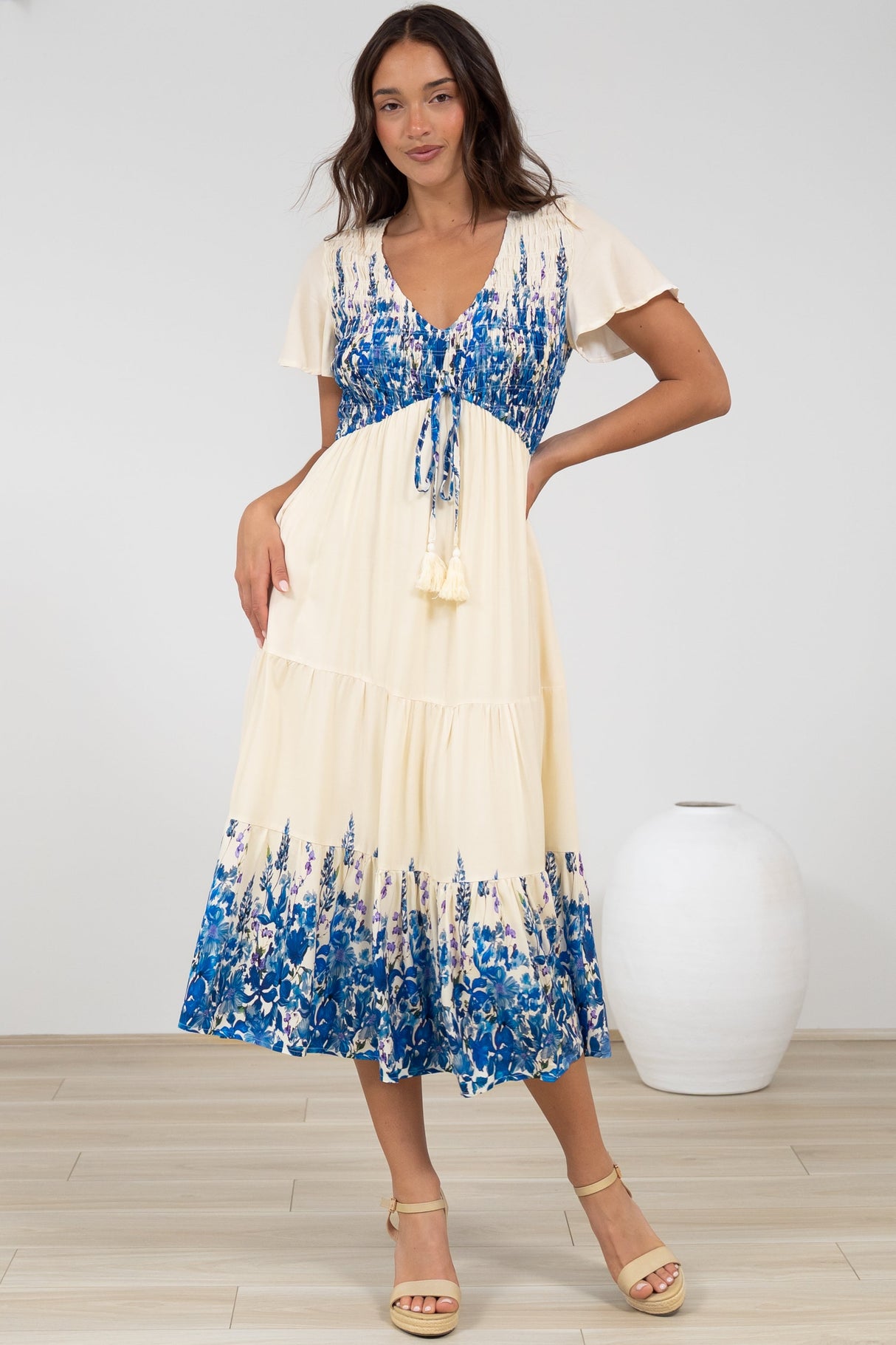 Amaya Midi Dress - Shirred Cap Sleeve A Line Dress in Marella Print Blue