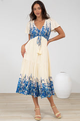 Amaya Midi Dress - Shirred Cap Sleeve A Line Dress in Marella Print Blue