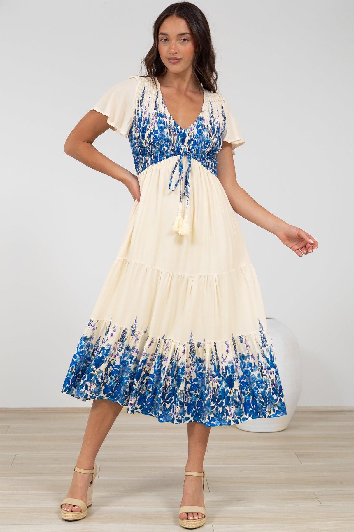 Amaya Midi Dress - Shirred Cap Sleeve A Line Dress in Marella Print Blue