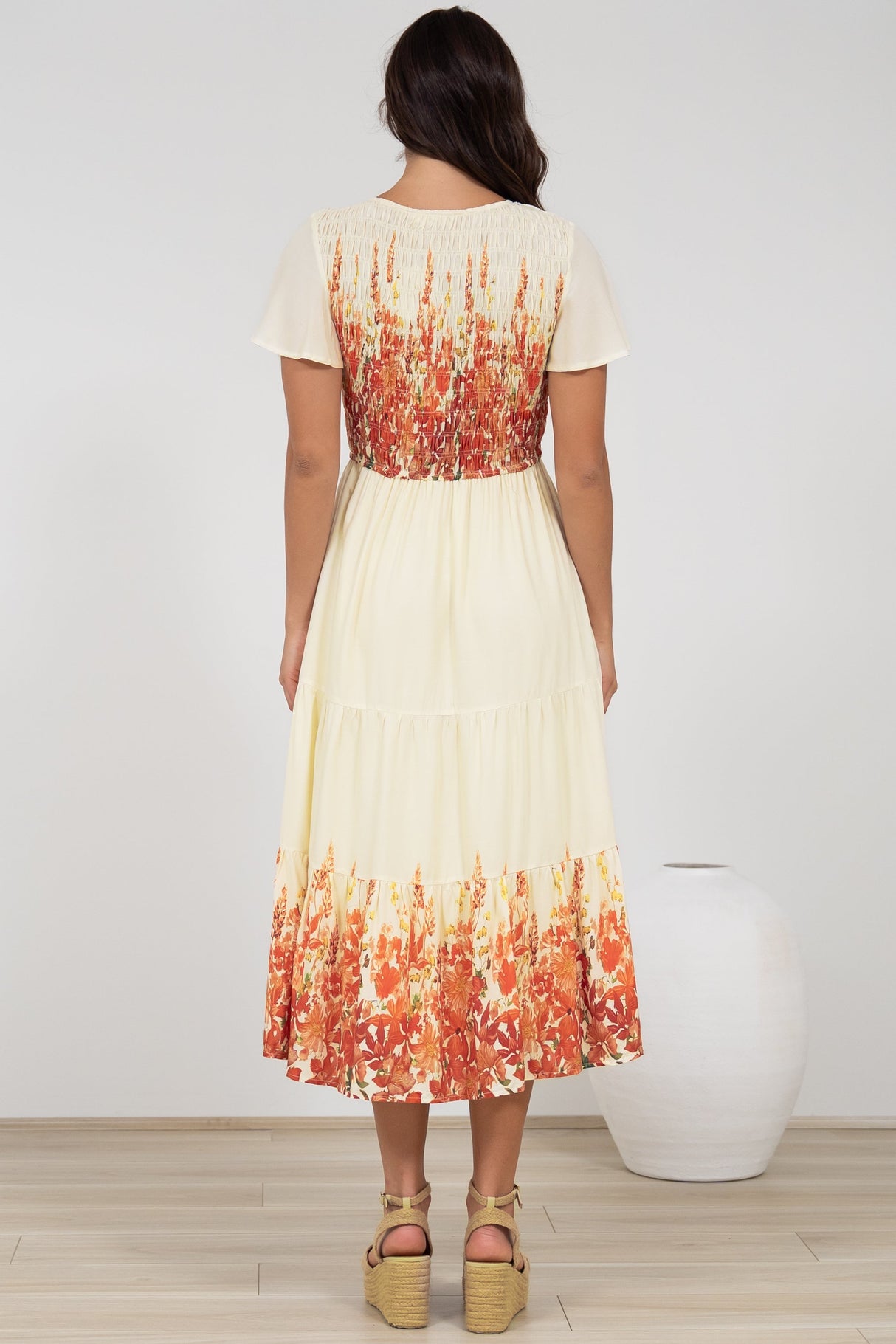 Amaya Midi Dress - Shirred Cap Sleeve A Line Dress in Marella Print Tangerine