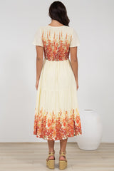 Amaya Midi Dress - Shirred Cap Sleeve A Line Dress in Marella Print Tangerine