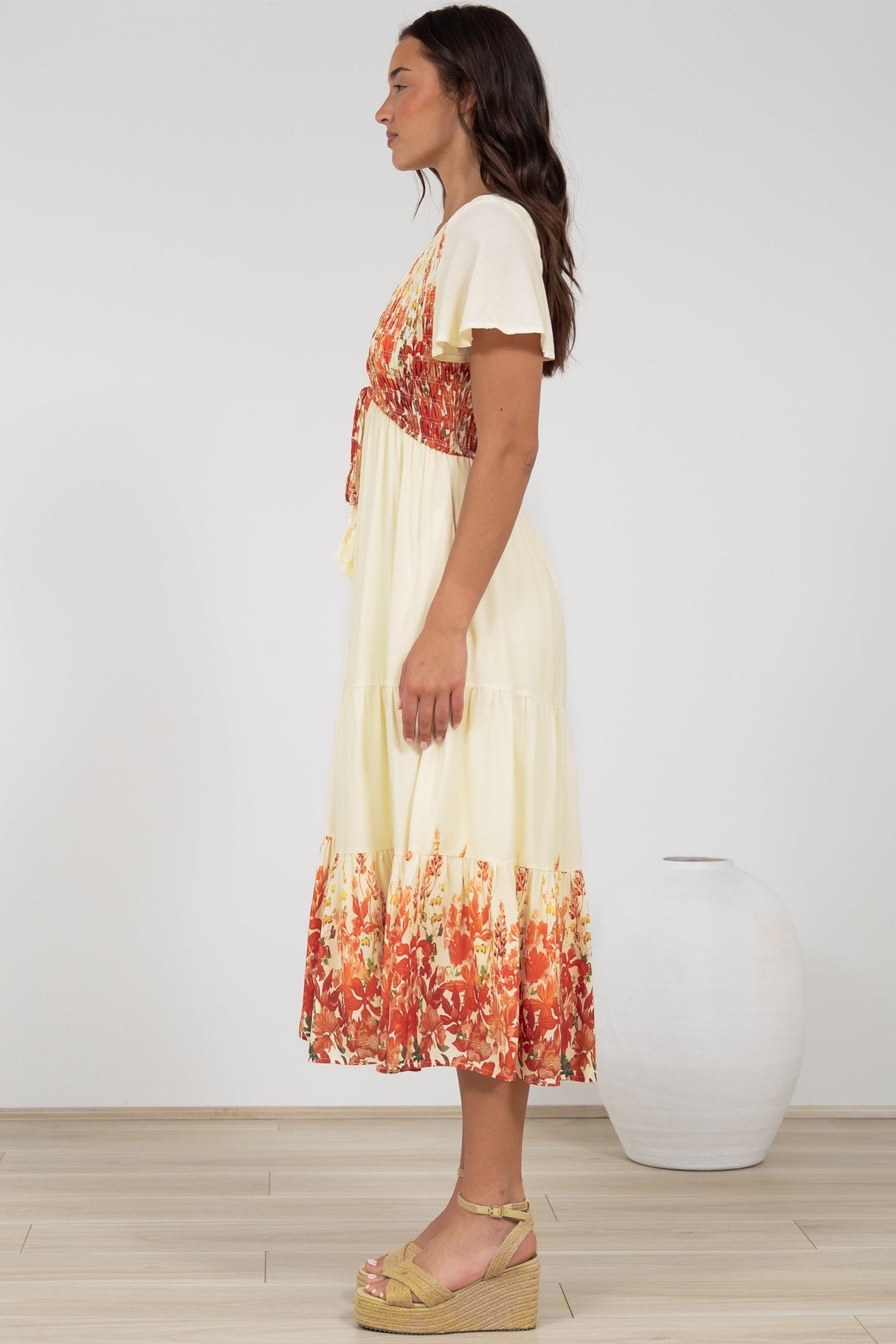 Amaya Midi Dress - Shirred Cap Sleeve A Line Dress in Marella Print Tangerine