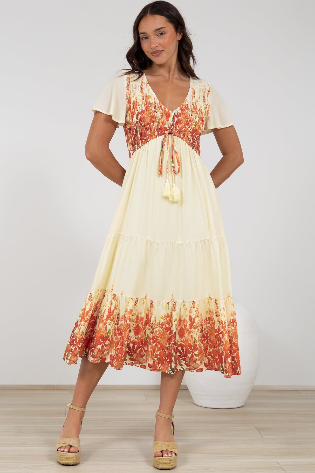 Amaya Midi Dress - Shirred Cap Sleeve A Line Dress in Marella Print Tangerine