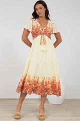 Amaya Midi Dress - Shirred Cap Sleeve A Line Dress in Marella Print Tangerine