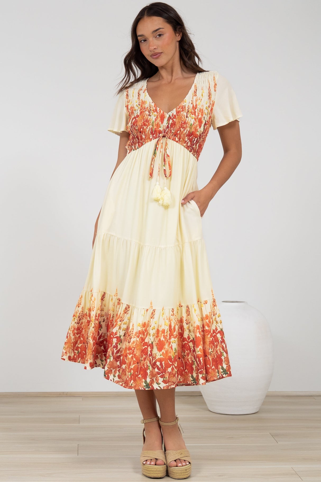 Amaya Midi Dress - Shirred Cap Sleeve A Line Dress in Marella Print Tangerine