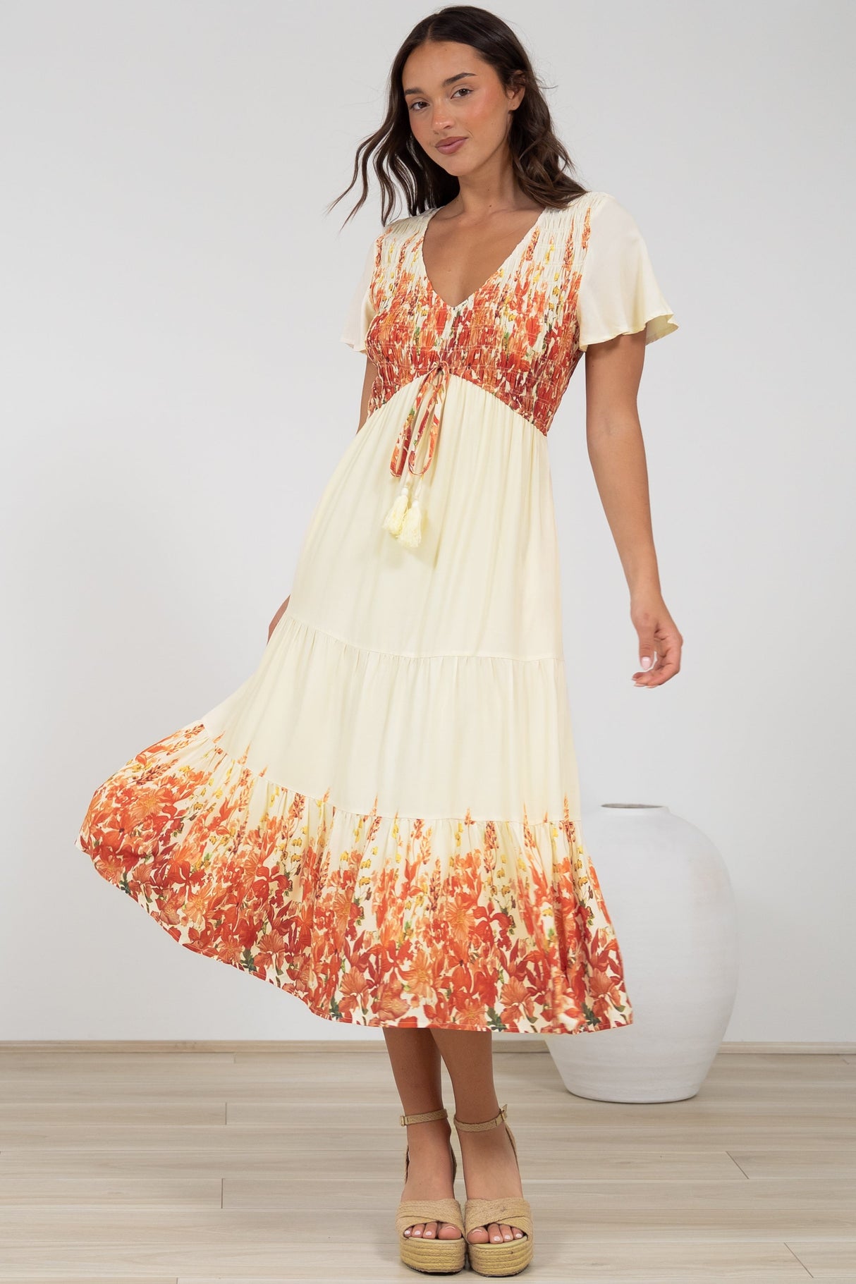 Amaya Midi Dress - Shirred Cap Sleeve A Line Dress in Marella Print Tangerine