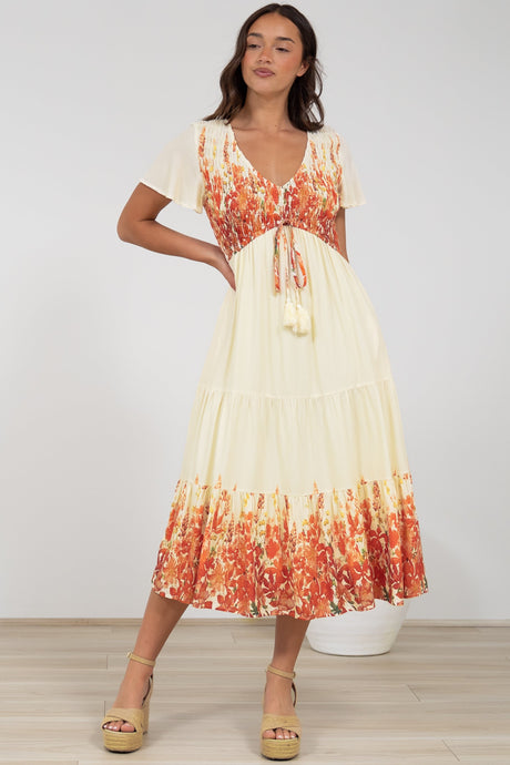 Amaya Midi Dress - Shirred Cap Sleeve A Line Dress in Marella Print Tangerine