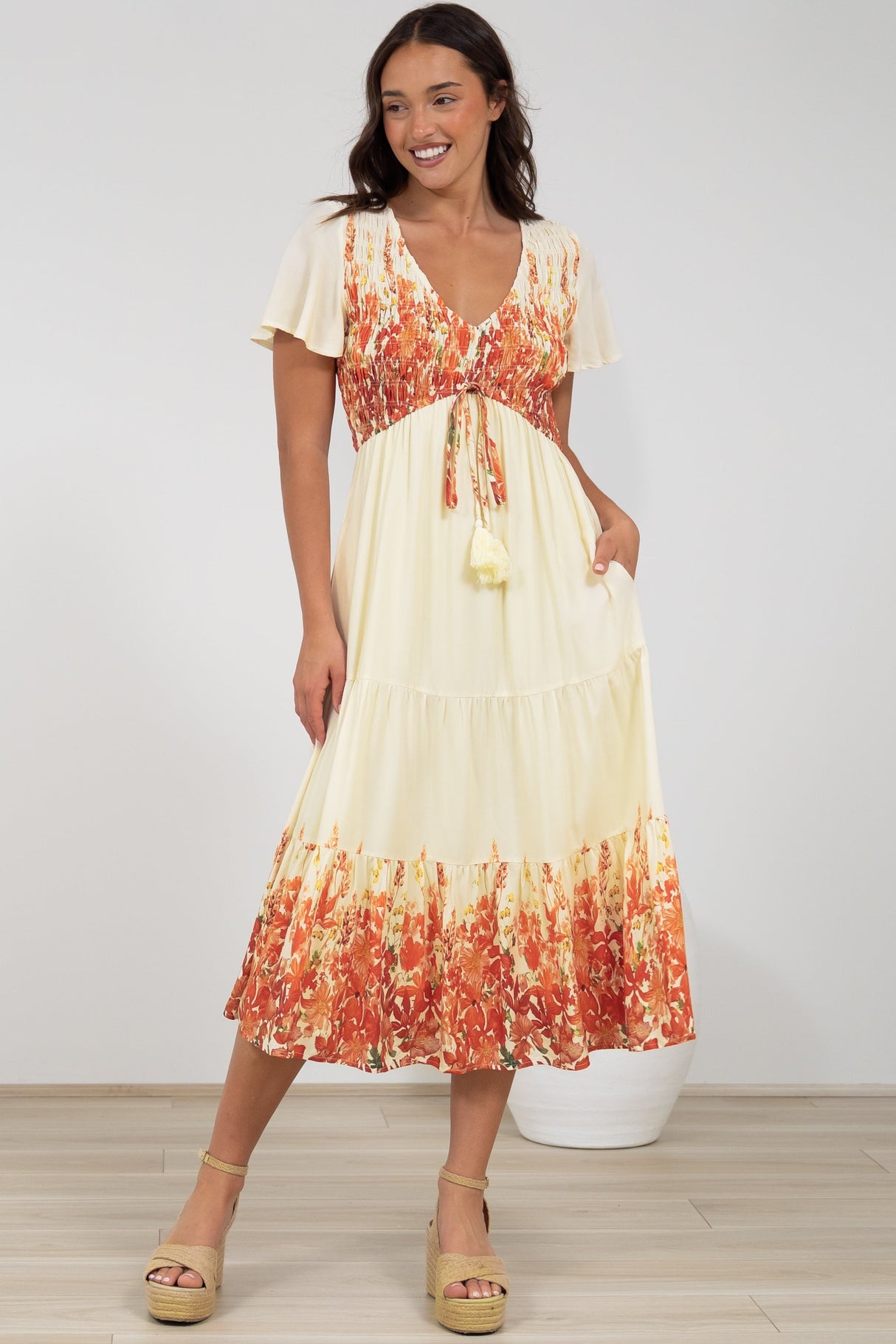 Amaya Midi Dress - Shirred Cap Sleeve A Line Dress in Marella Print Tangerine