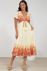 Amaya Midi Dress - Shirred Cap Sleeve A Line Dress in Marella Print Tangerine