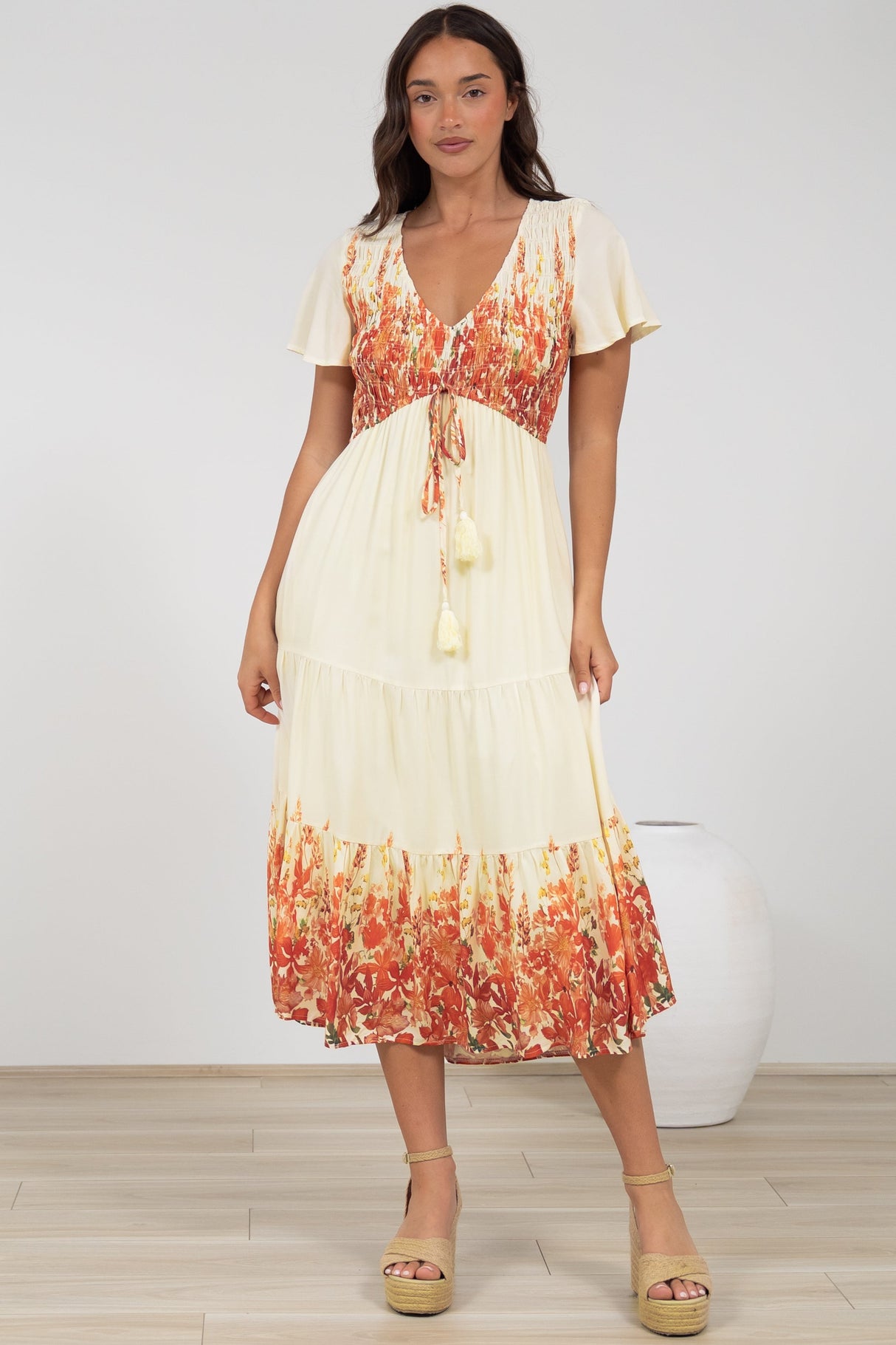 Amaya Midi Dress - Shirred Cap Sleeve A Line Dress in Marella Print Tangerine