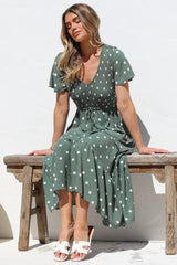 Amaya Midi Dress - Shirred Cap Sleeve A Line Dress in Parisian Polka Khaki