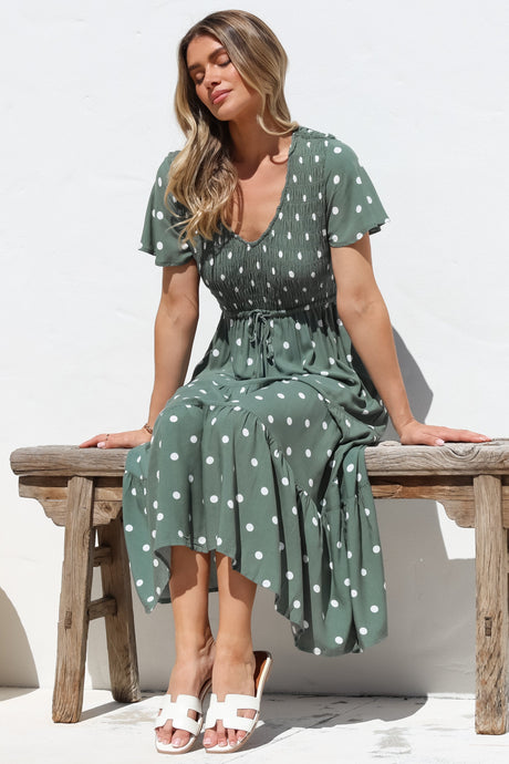 Amaya Midi Dress - Shirred Cap Sleeve A Line Dress in Parisian Polka Khaki
