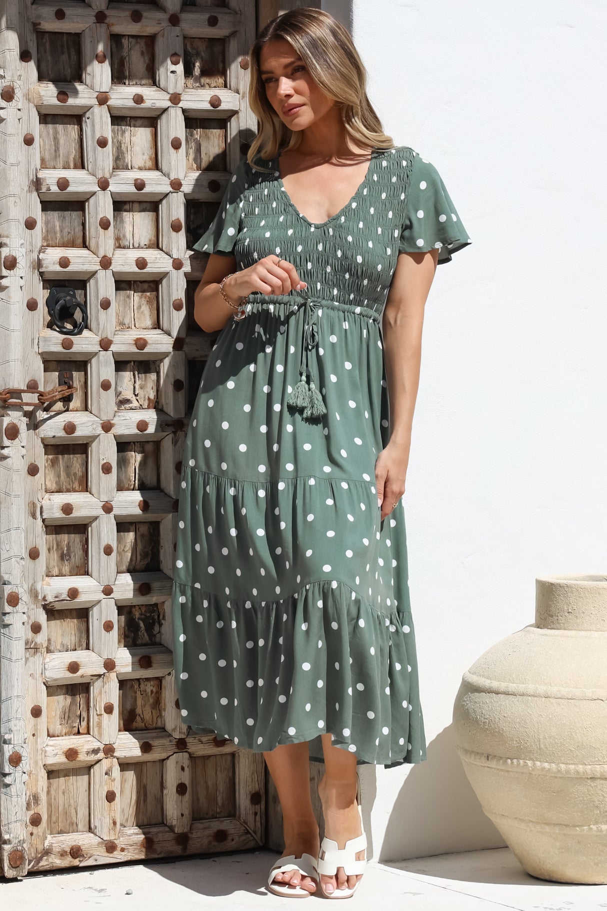 Amaya Midi Dress - Shirred Cap Sleeve A Line Dress in Parisian Polka Khaki