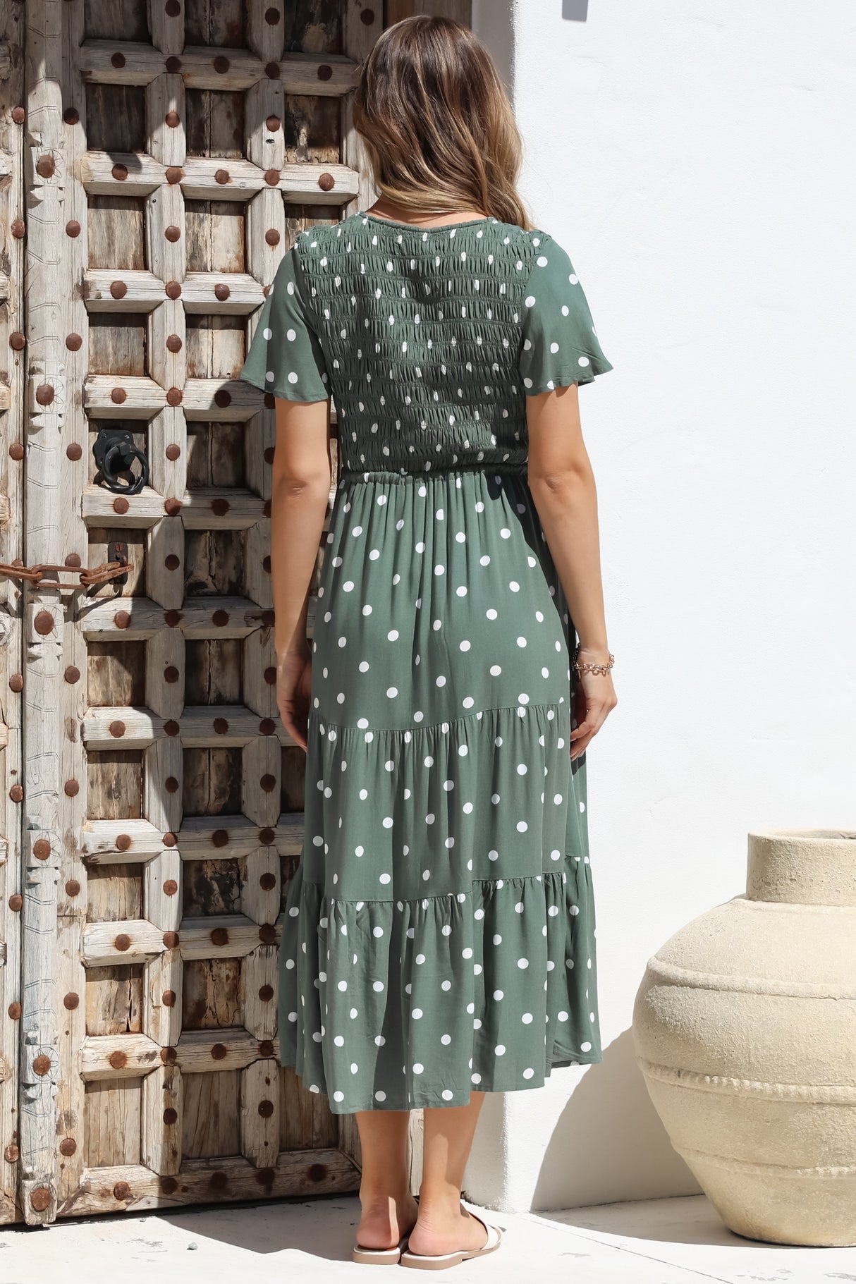 Amaya Midi Dress - Shirred Cap Sleeve A Line Dress in Parisian Polka Khaki