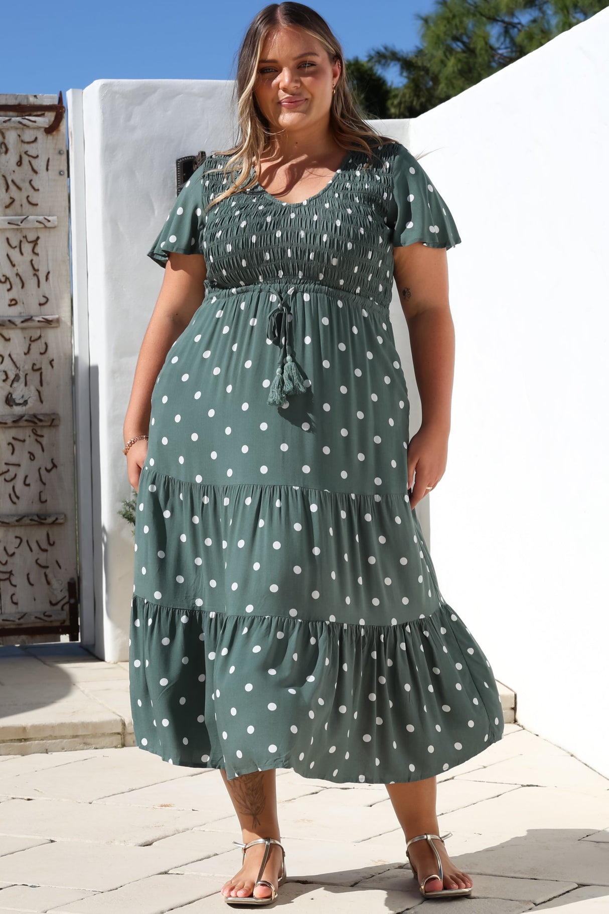 Amaya Midi Dress - Shirred Cap Sleeve A Line Dress in Parisian Polka Khaki