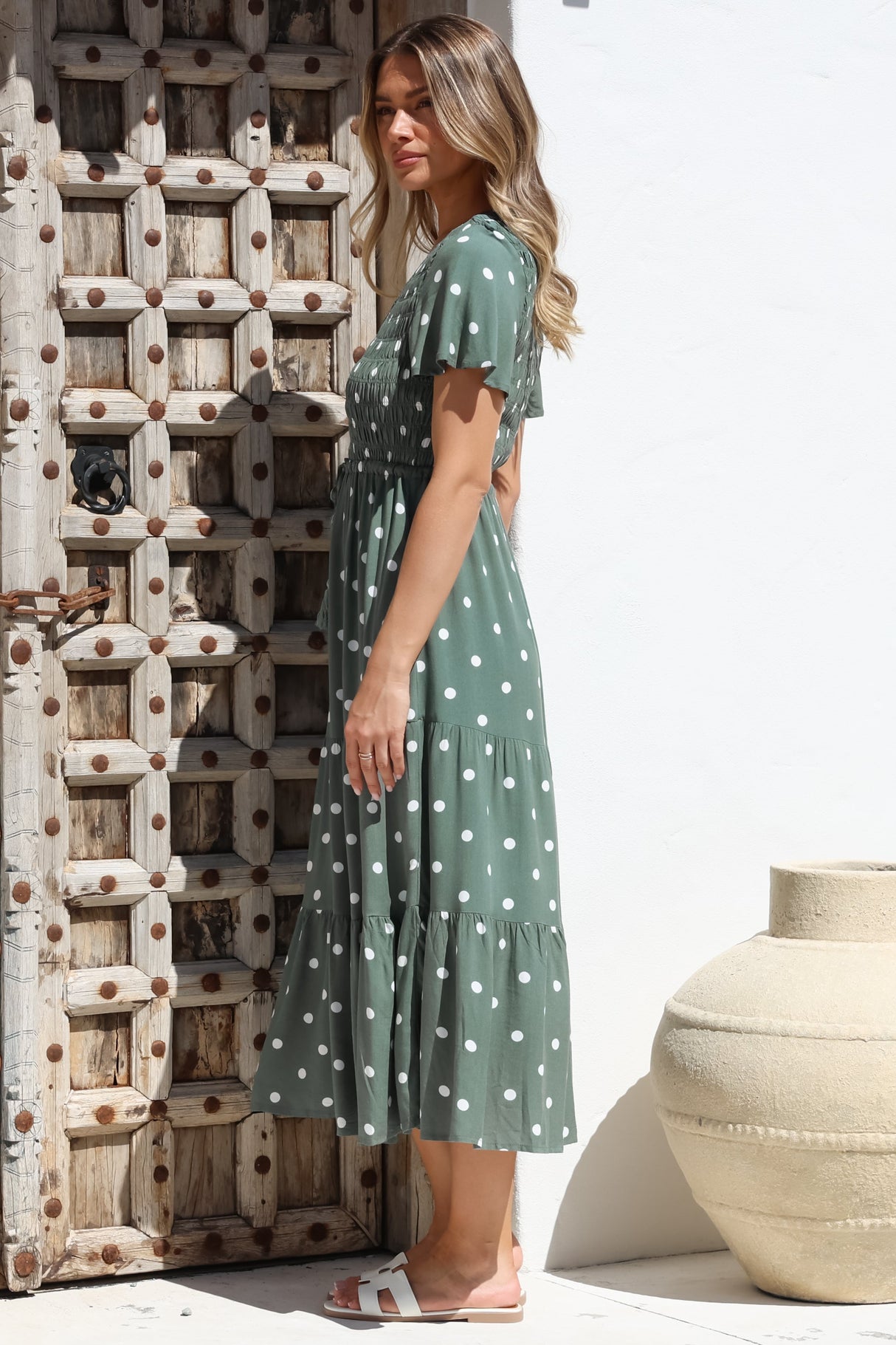 Amaya Midi Dress - Shirred Cap Sleeve A Line Dress in Parisian Polka Khaki