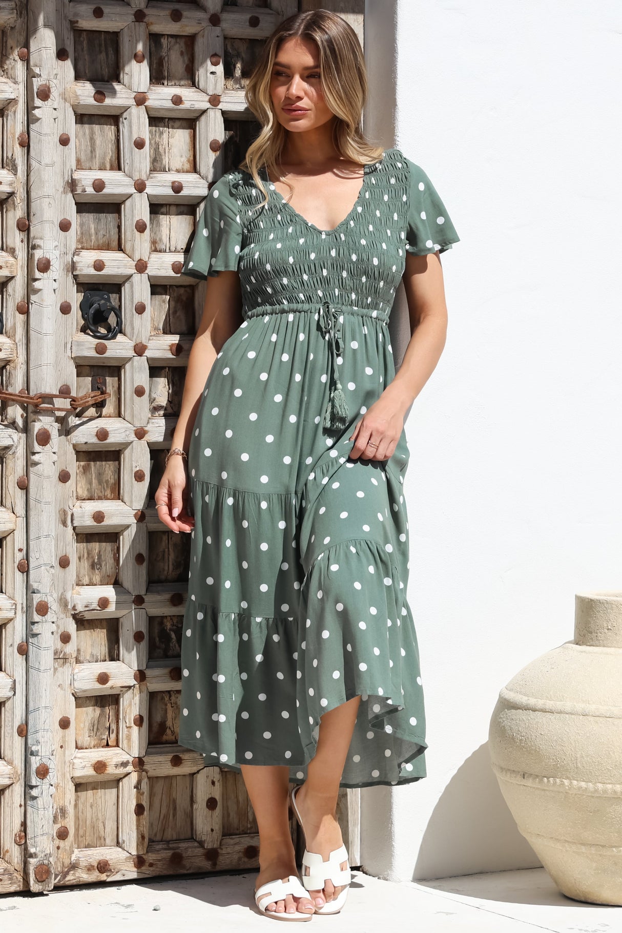 Amaya Midi Dress - Shirred Cap Sleeve A Line Dress in Parisian Polka Khaki
