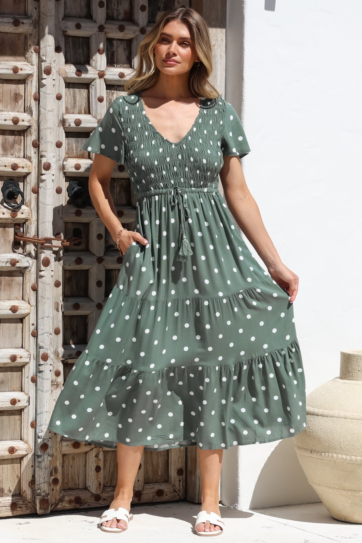Amaya Midi Dress - Shirred Cap Sleeve A Line Dress in Parisian Polka Khaki